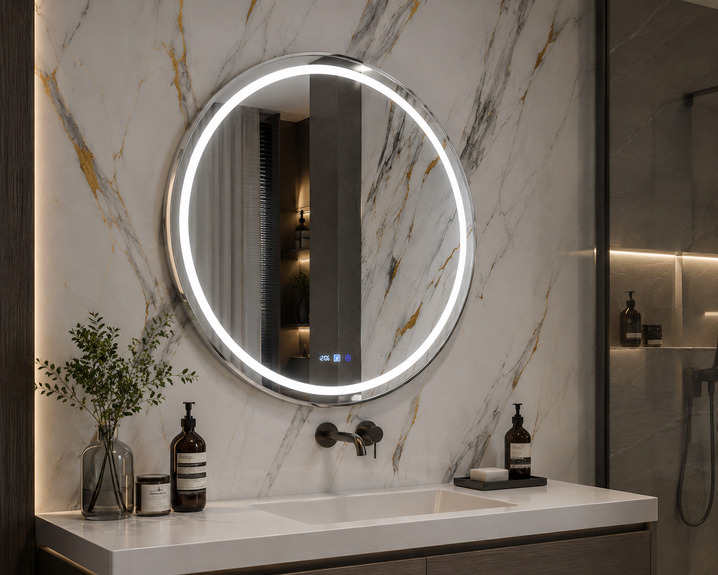 Espejo Redondo LED Marco Plateado — Ref. L-24 L-21 SILVER