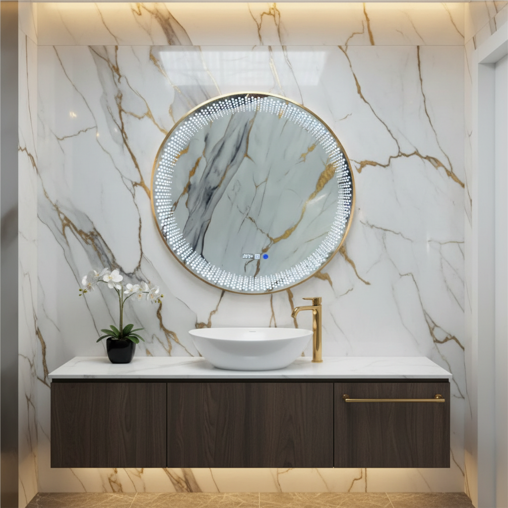 Espejo redondo LED puntos marco dorado L-37 GOLDEN en baño de lujo premium