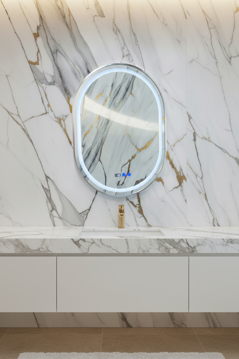 Espejo ovalado LED marco plateado L-18 L-12 SILVER en baño de lujo