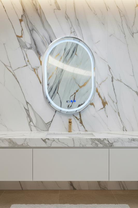 Espejo ovalado LED marco plateado L-18 L-12 SILVER en baño de lujo