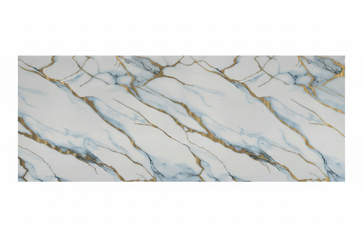 Lámina UV-39 foto de producto - mármol blanco vetas azul grisáceo y doradas