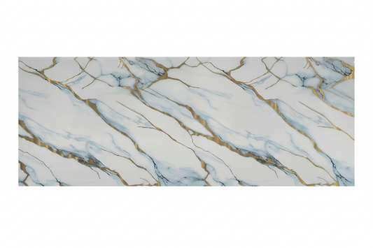 Lámina UV-39 foto de producto - mármol blanco vetas azul grisáceo y doradas