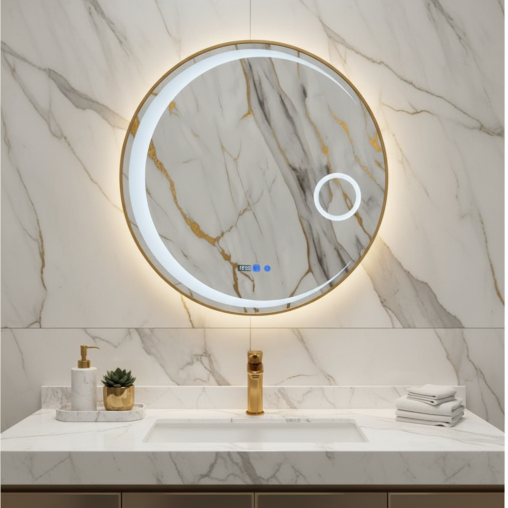 Espejo redondo LED marco dorado con aumento L-31 GOLDEN en baño de lujo