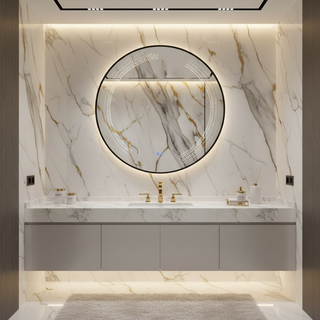 Espejo redondo LED decorativo marco negro L-26 BLACK en baño de lujo