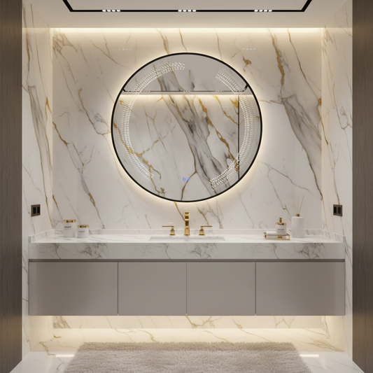 Espejo redondo LED decorativo marco negro L-26 BLACK en baño de lujo