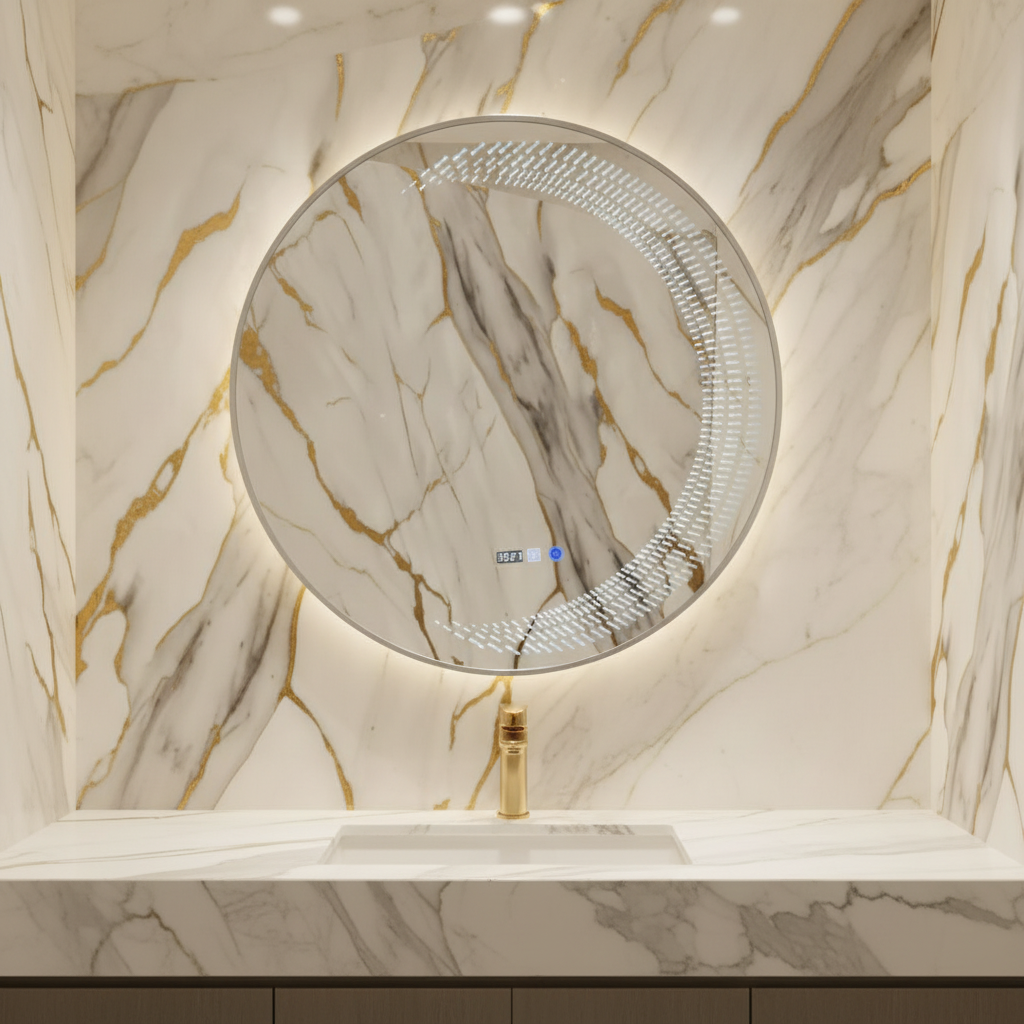 Espejo redondo LED decorativo marco plateado L-27 SILVER en baño de lujo