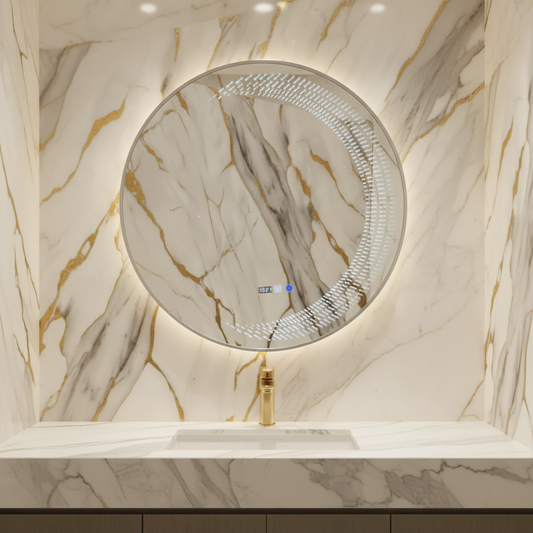 Espejo redondo LED decorativo marco plateado L-27 SILVER en baño de lujo