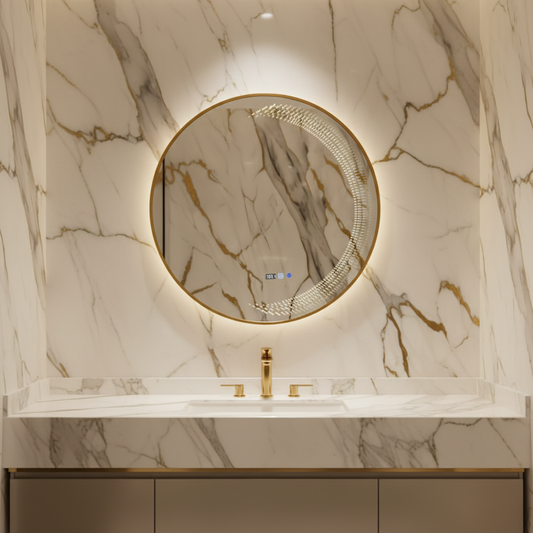 Espejo redondo LED decorativo marco dorado L-28 GOLDEN en baño de lujo