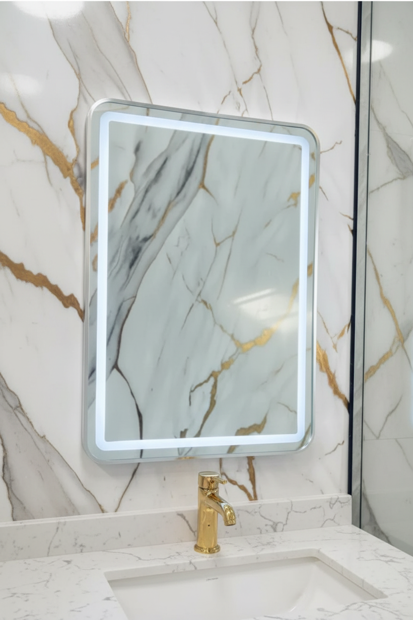 Espejo rectangular LED marco plateado L-15 SILVER en baño de lujo