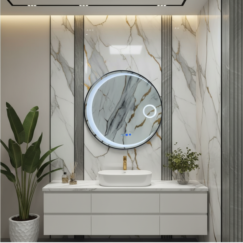 Espejo redondo LED marco negro con aumento L-29 BLACK en baño de lujo