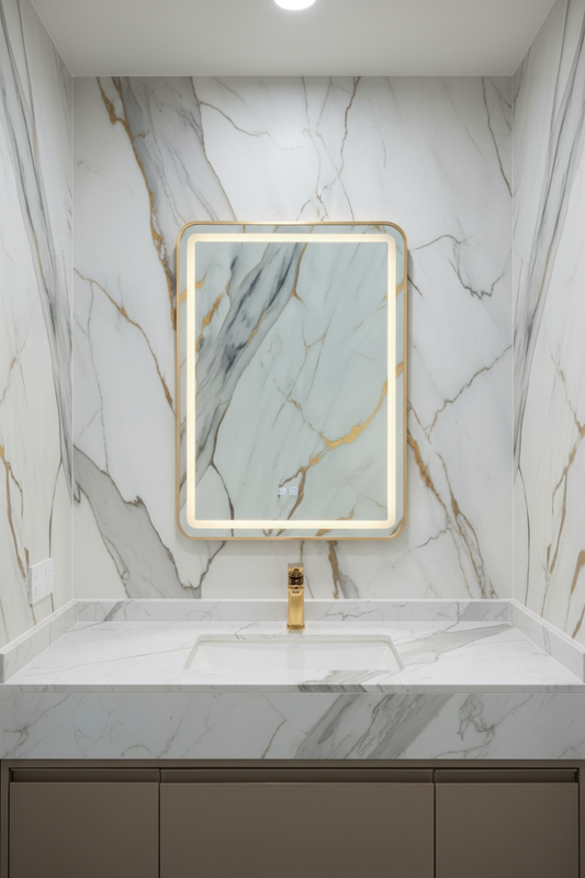 Espejo rectangular LED marco dorado L-16 GOLDEN en baño de lujo
